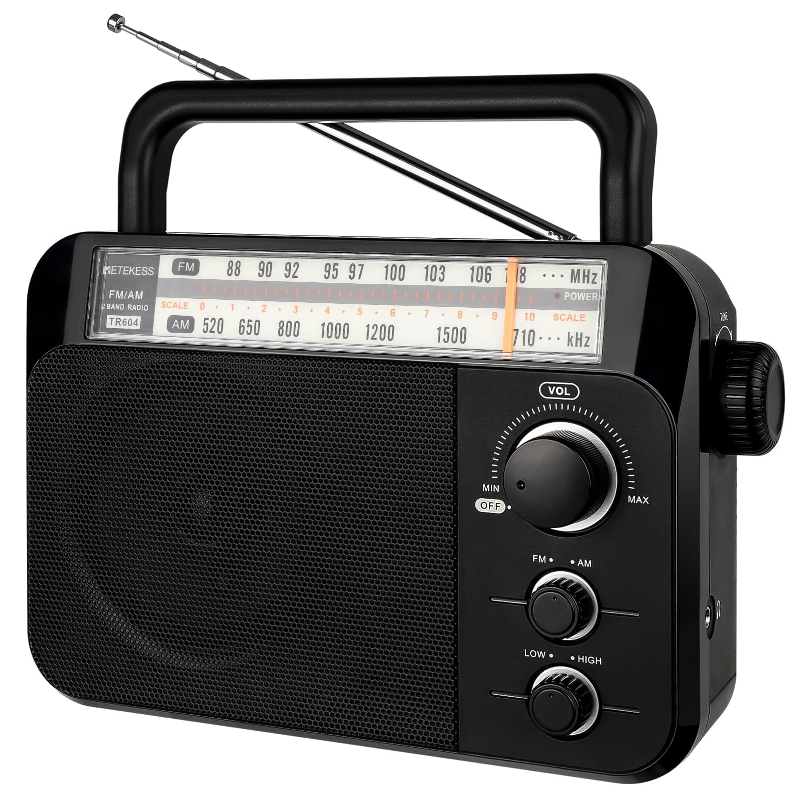 Retekess TR604 AM FM Radio,Portable Radio Plug in Wall,D Battery Operated,Large Dial,High/Low Tone Mode,Big Speaker,Earphone Jack,for Home,Picnic,Senior