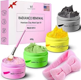 – Clay Mask Gift Pack of 4 Jars (400g) With Cute Headband & Brush | Premium Clay Face Mask | Turmeric Vitamin C, Green Tea, Rose, Dead Sea Mud For Face | Spa Gift set for Women