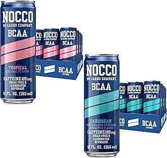 NOCCOBCAA Energy Drink 24 Pack Tropical & Caribbean Pineapple - 12 Count (Pack of 24) - 180mg of Caffeine Sugar Free Energy Drinks - Carbonated, BCAAs, Vitamin B6, B12, & Biotin - Performance Drink