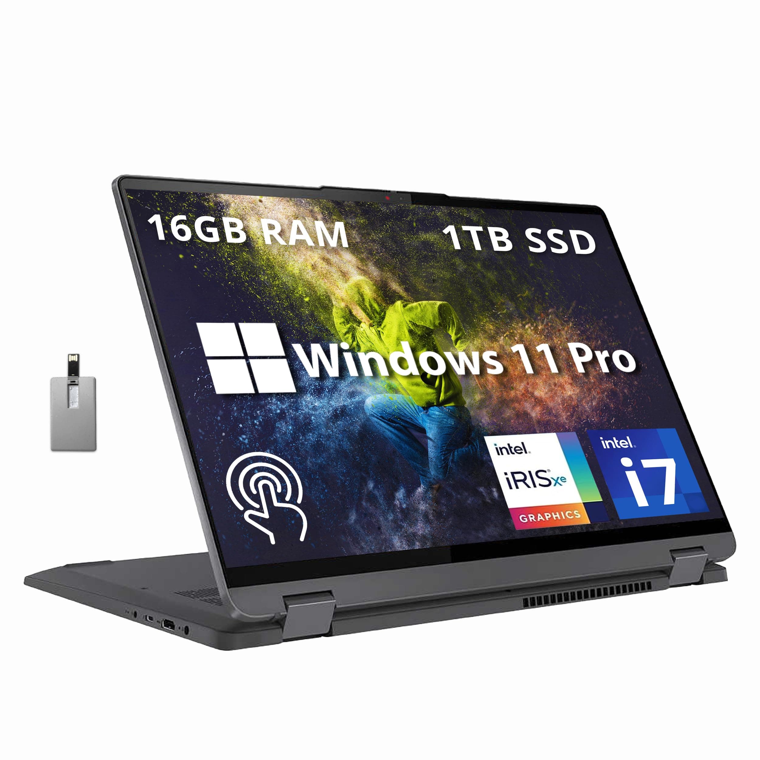 IdeaPad Flex 5 16"" 2-in-1 2.5K IPS Touchscreen Laptop, Intel Core i7-1255U, 16GB RAM, 1TB SSD, Backlit Keyboard, Fingerprint Reader, Win 11 Pro, Storm Grey, 32GB Hotface USB Card, Gray