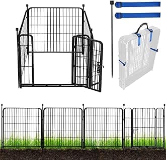 Garden Fence with Gate 32in(H)×9 Ft(L) 4 Panels, Black Heavy Duty Iron Metal Animal Barrier Fence, Indoor&Outdoor Dog Playpen, Camping Fence, ADAVIN No Dig Garden Border Fencing for Yard