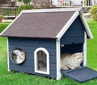 Rockever Outdoor Cat House, Feral Cat House Outdoor Weatherproof with Escape Door and Clear Windows for 2 Cats（Blue）