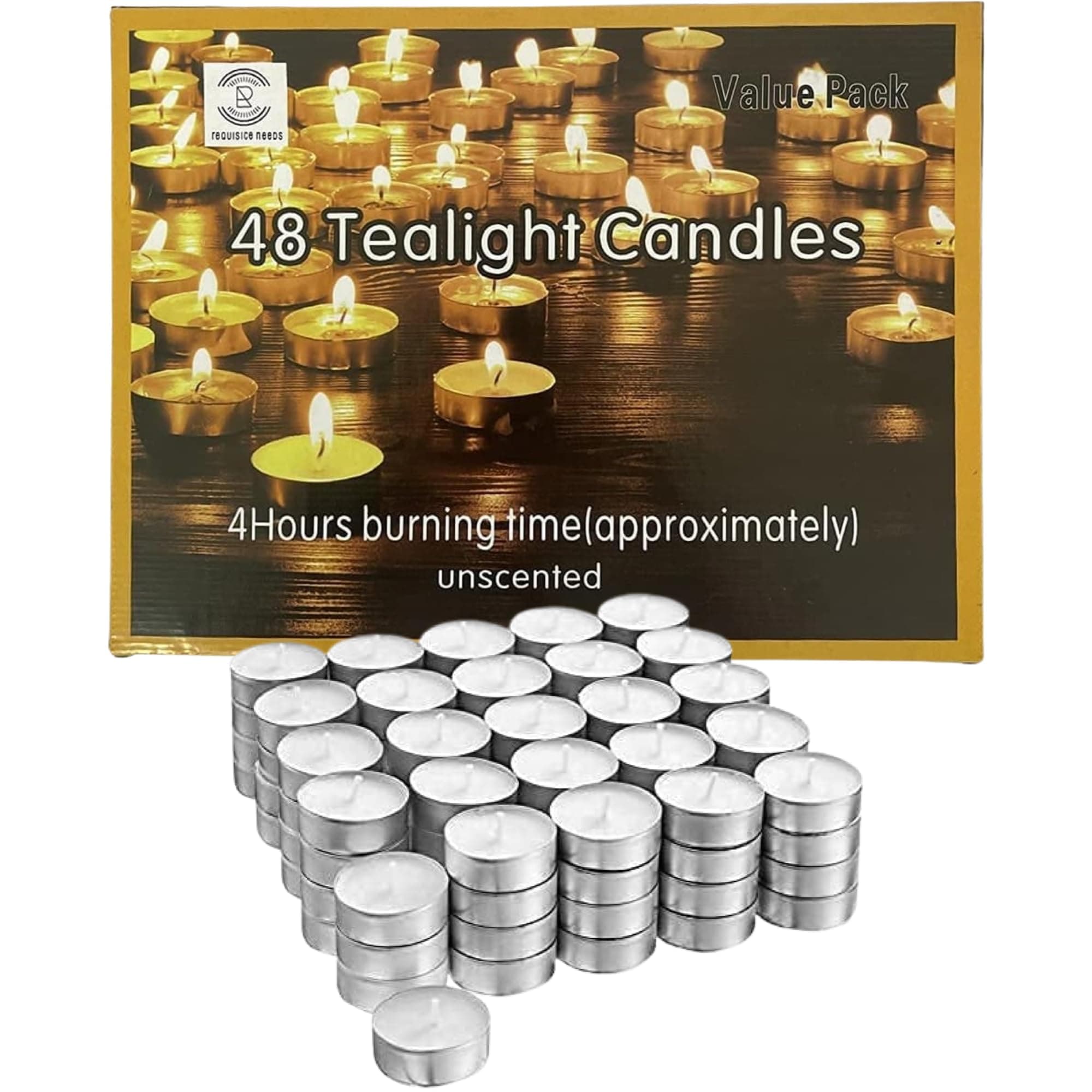 REQUISITE NEEDS Tea Lights 4 Hour Long Burn Night Unscented Light Candles[Pack of 48]