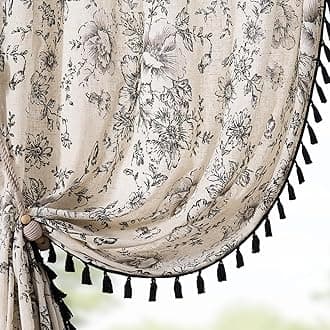 jinchan Linen Curtains Floral Curtains for Living Room 63 Inch Length Printed Curtains with Tassels Rod Pocket Farmhouse Rustic Peony Flower Patterned Drapes Bedroom Window Curtains Set 2 Panels
