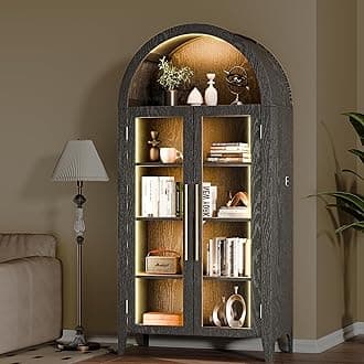 Arch Storage Cabinet with Tempered Glass Door, 71” Arched Display Floor Cabinet, 5 Tier Farmhouse Buffet with Storage for Dining Room, Living Room, Home Office or Kitchen(Black)