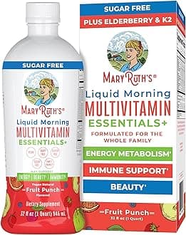 Daily Liquid Vegan Multivitamin by MaryRuth (Fruit Punch) w/Organic Whole Food Blend + Elderberry - Vitamin A B C D3 E Trace Minerals & Amino Acids for Energy & Immunity Men Women Kids 0 Sugar 950ml