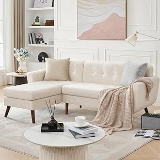 Tbfit L Shaped Couch Sofa, 80" W Mid-Century Modern Sectional Couches, 3 Seater Sofas with Wide Chaise Lounge, Button Tufted Upholstered Sectional Sofa for Living Room, Bedroom, Beige