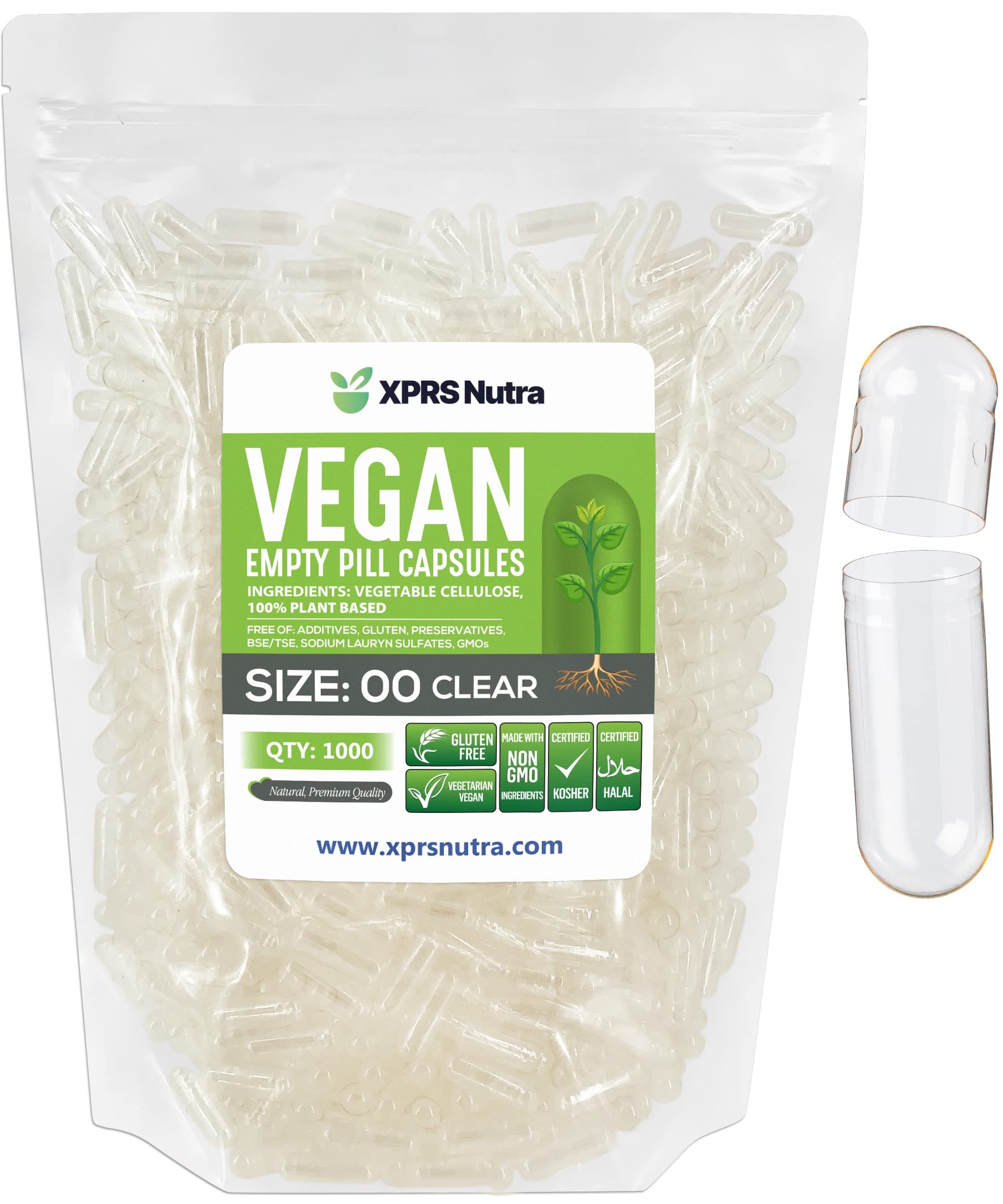 XPRS Nutra Capsules Express- Size 00 Clear Empty Vegan Capsules 1000 Count - Kosher and Halal - Vegetarian/Vegetable Pill Capsule - DIY Powder Filling