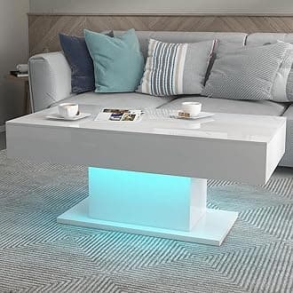 Modern White Coffee Table for Living Room, Living Room Table Rectangular Center Table, High Glossy Wooden Coffee Tables with 16 Colors LED Lights for Dining Reception Room
