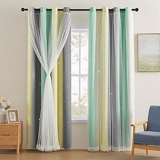 XiDi Yellow & Rainbow Curtains for Kids & Girls Room - Blackout, Grey & Green 52x84 Inch Long 1 Panel with Unicorn Wall Decals
