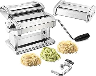 Pasta Maker Machine- Heavy Duty Chrome Coated Steel Construction with Fettucine & Spaghetti Attachments, Rollers w Adjustable Thickness Settings, Manual Hand Crank for Precise Noodles w Recipe Guide