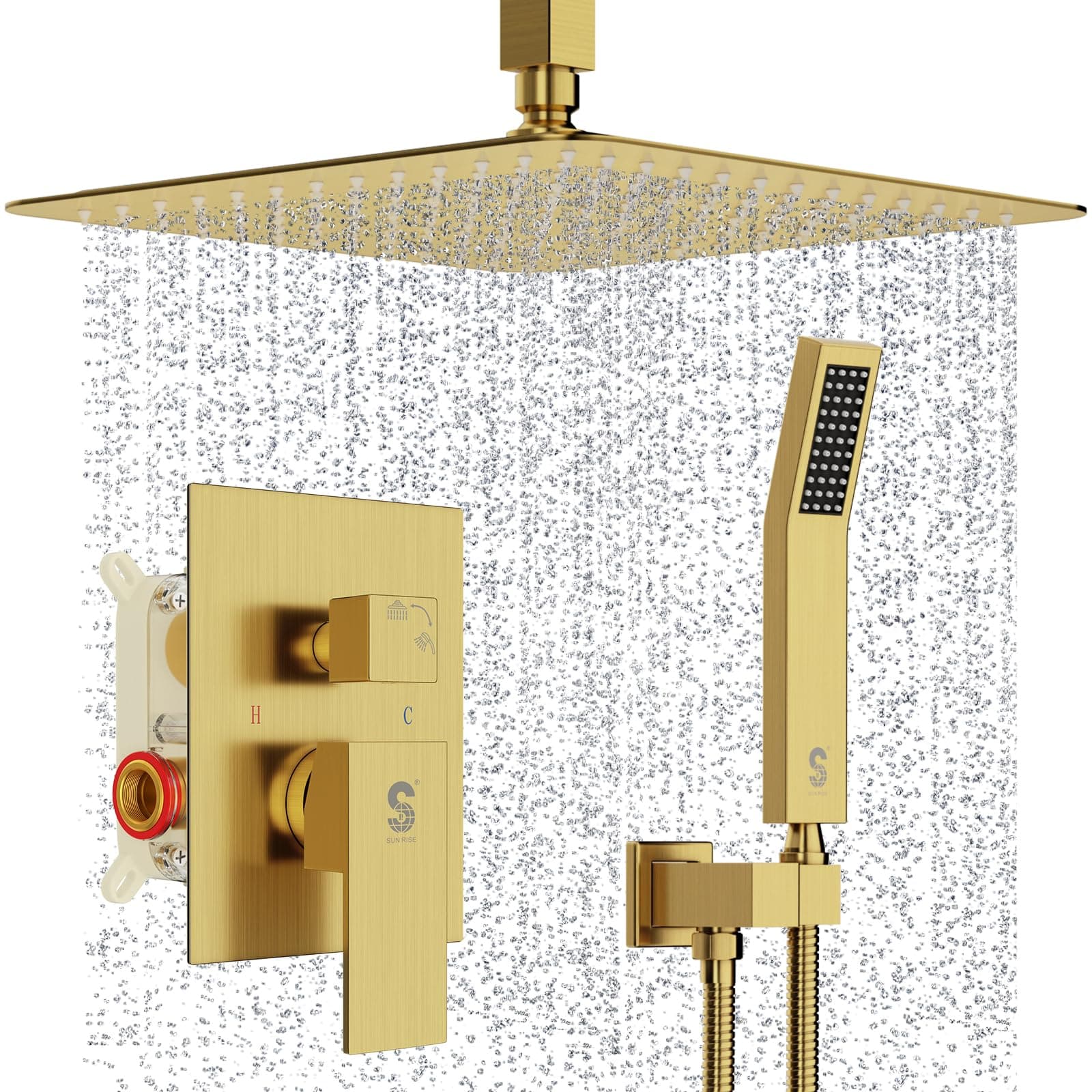 SR SUN RISE 12 Inch Ceiling Mounted Shower System Rain Mixer Shower Combo Set Rainfall Shower Head System Brushed Gold Shower Faucet Trim Repair Kits with Shower Rough-in Valve Body and Trim