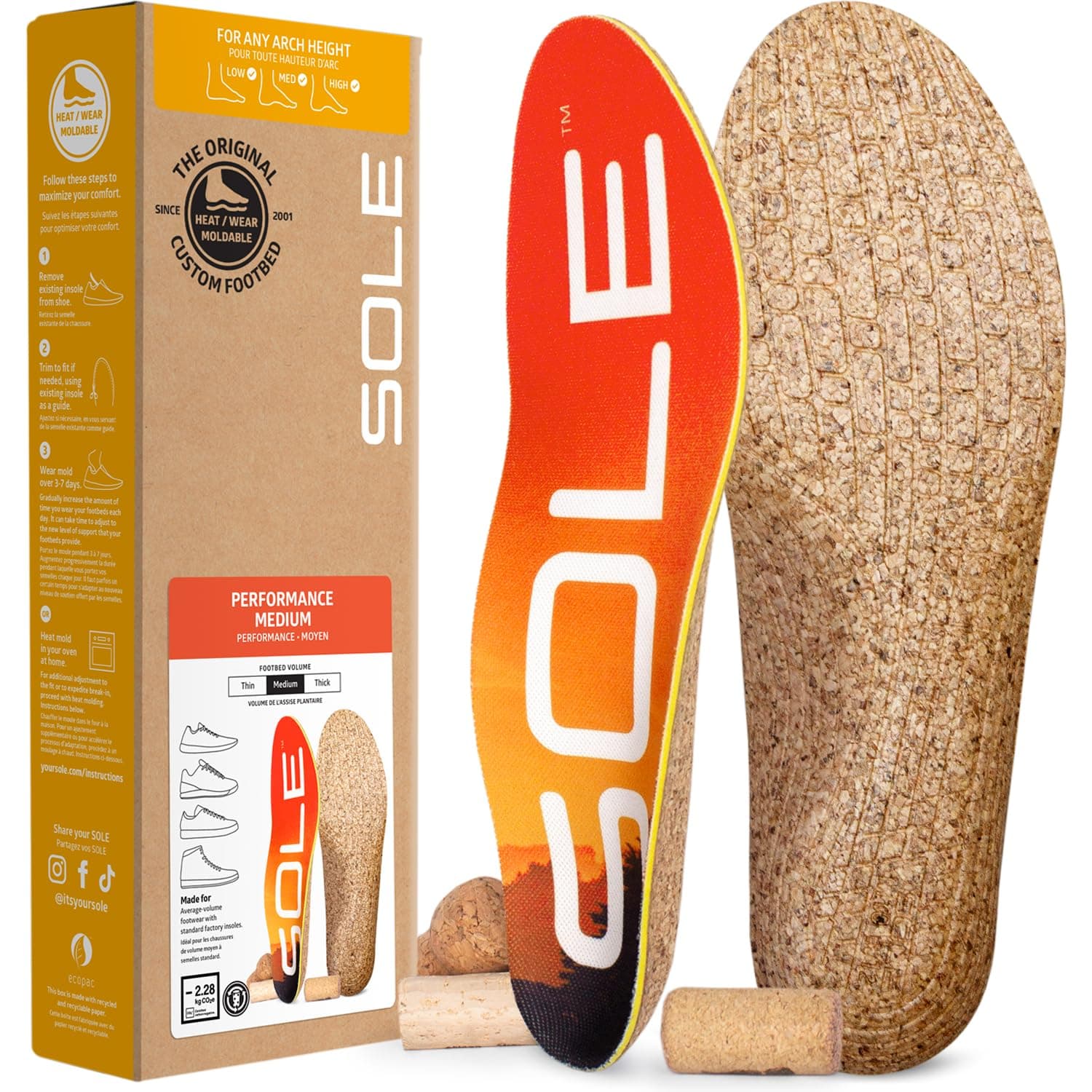 SOLE Performance Medium Insoles - Custom Moldable Orthotic Support for Any Arch Type, Plantar Fasciitis Relief - Mens Size 11/Womens Size 13, 1 Pair