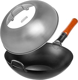 Carbon Steel Wok Pan – 13,5 “ Woks and Stir Fry Pans + Wok Lid 12.8 Inch - Premium Stainless Wok Cover with Tempered Glass Insert Steam Holes and Ergonomic Handle
