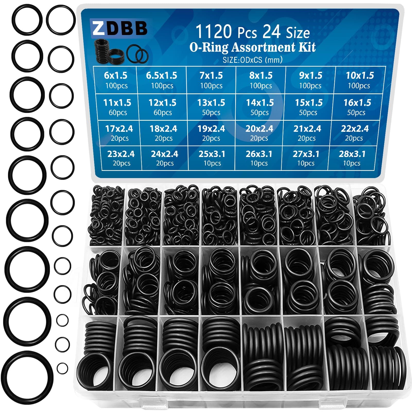 ZDBB 24 Size Rubber O Ring Set, 1120 PCS Black Small O Rings Assortment Kits