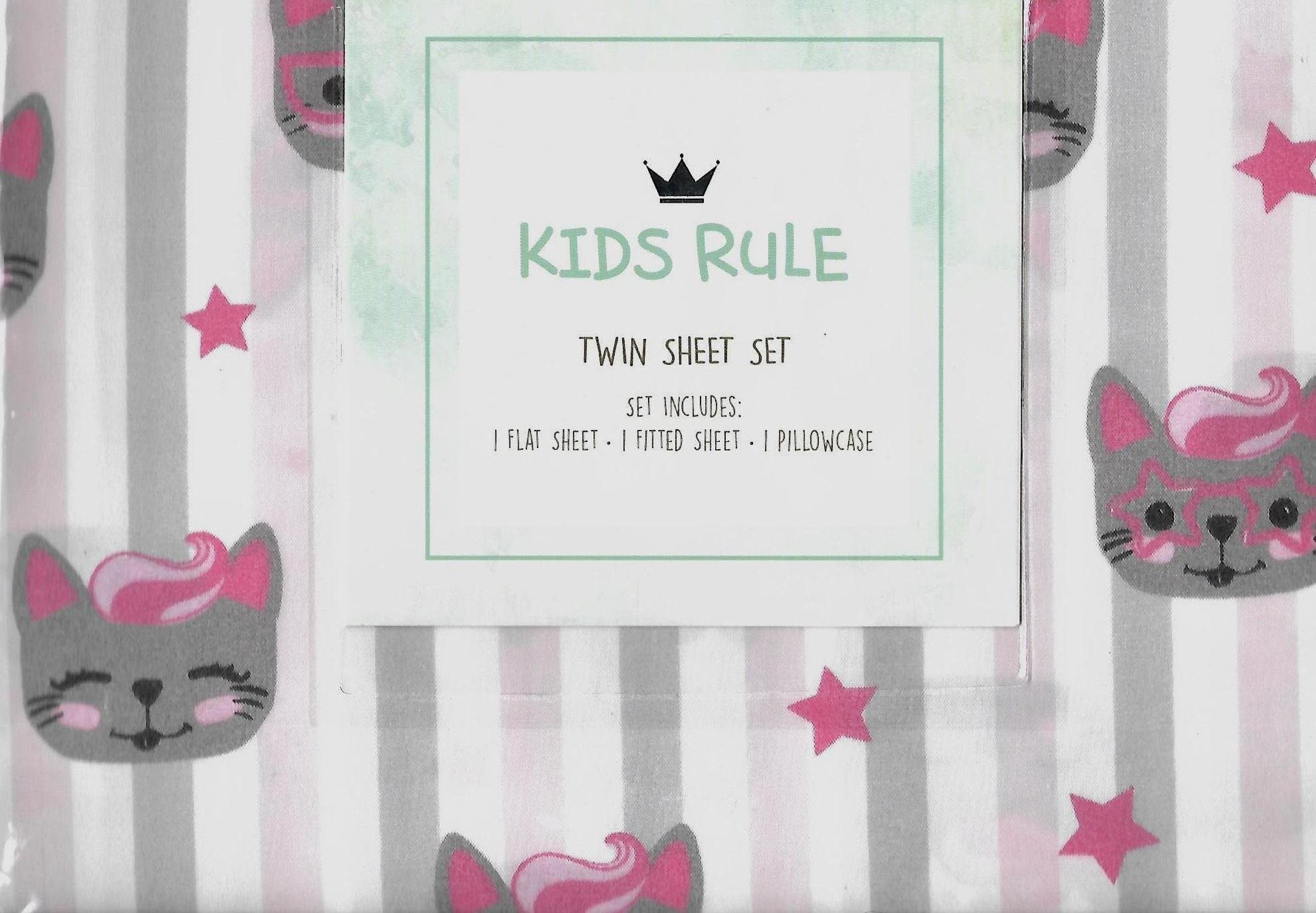 Kitty Cat Stripe White Pink Gray Twin Sheet Set