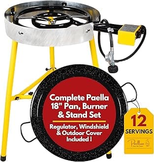 Paella Burner and Stand Set, 12 Servings, 18-Inch Pan, Dual Propane Outdoor Stove with Regulator, Portable Gas Cooker for Crawfish Boil and Camping