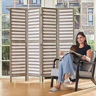 Room Dividers and Folding Privacy Screens, 5.6 Ft Wood Louvered Separators Divider Wall for Home Office Bedroom - 4 Panel (Gery & White)
