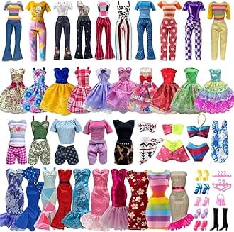 30 Pieces Doll Clothes and Accessories for 11.5 Inch Girl Dolls Including Random 5 Tops, 5 Pants, Random 3 Dresses, Random 3 Fashionable Dresses, Random 2 Swimwear, 6 Pairs of Shoes, 1 Bag, 5 Hangers