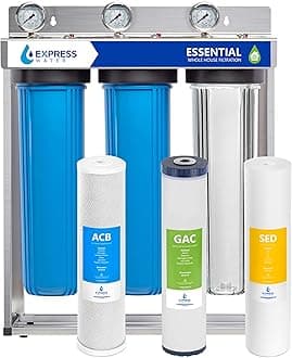Express Water Whole House Water Filter – 3 Stage Home Water Filtration System – Sediment, Coconut Shell Carbon Filters – includes Pressure Gauges, Easy Release, and 1” Inch Connections