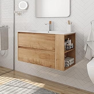 Pvillez 30 inch Bathroom Vanity with Sink Combo, Wall Mounted Bathroom Vanity Set with White Glossy Ceramic Basin & Adjust Open Shelf, Modern Floating Bathroom Vanity for Small Space Imitative Oak