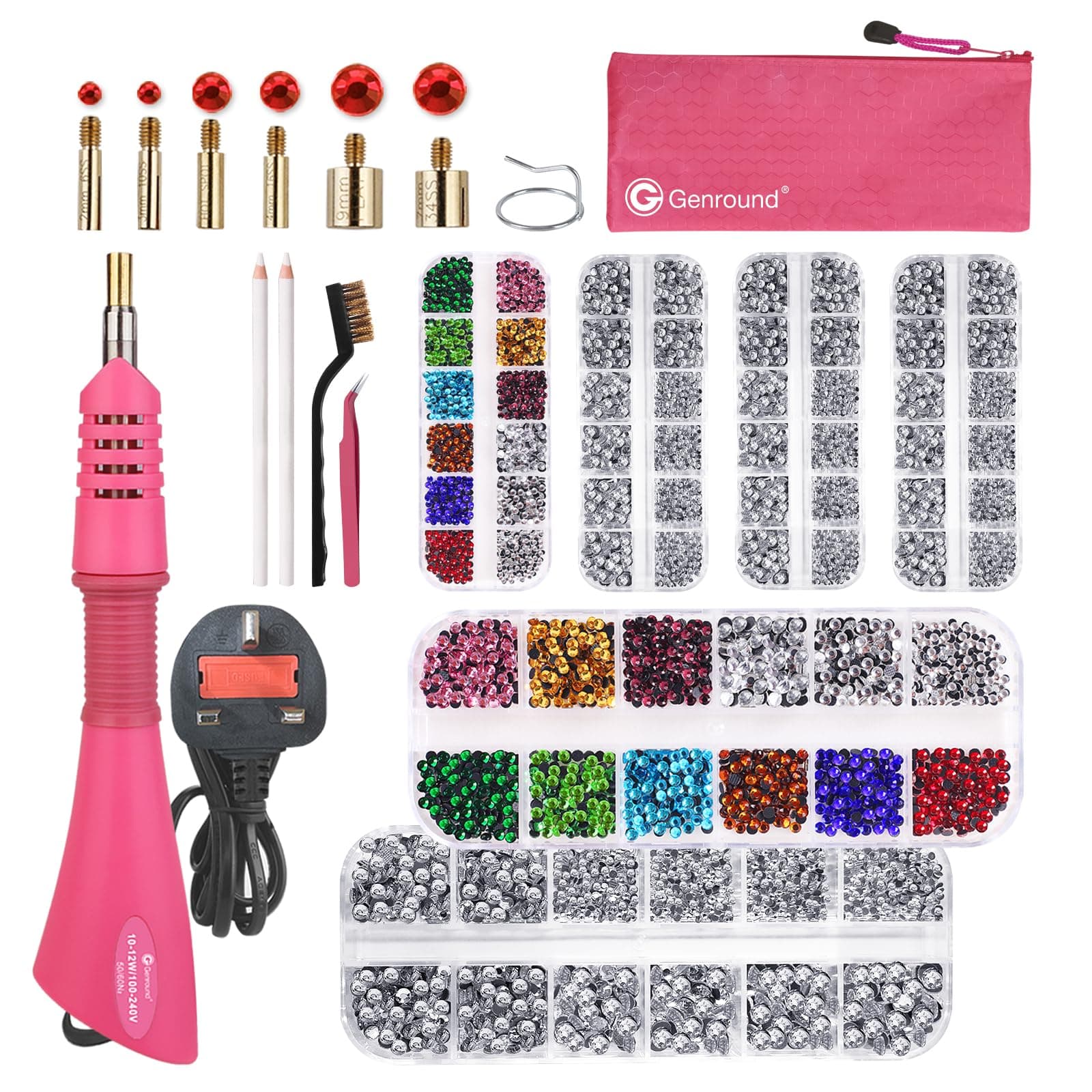 Hotfix Applicator Tools, Iron-on Hotfix Rhinestone Wand Tool with 6 Boxes of Flat Back Gems Round Crystal Bedazzler Kit Jewel Hot Fix Applicator, Professional Designed