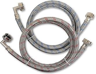 Premium Stainless Steel Washing Machine Hoses with 90 Degree Elbow, 8 Ft Burst Proof (2 Pack) Red and Blue Striped Water Connection Inlet Supply Lines