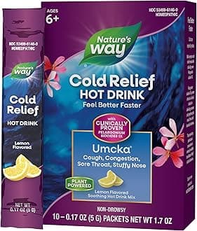 Nature's Way Cold Relief Hot Drink, Umcka, Homeopathic, Clinically Proven Pelargonium Sidoides 1X, for Cough, Congestion, Sore Throat, Stuffy Nose, Lemon Flavored, 10 Packets