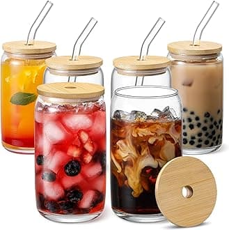 [ 6pcs Set ] Glass Cups with Bamboo Lids and Glass Straw - Beer Shaped Drinking Glasses, 16 oz Iced Coffee Glasses, Cute Tumbler Cup for Smoothie, Boba Tea, Whiskey, Water - 2 Cleaning Brushes