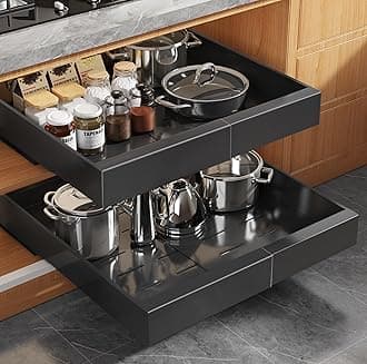 2 Pack Expandable Pull Out Cabinet Organizer 16.5"Deep With Raising Pad for Framed Cabinets,Upgrade 3 Slide Rails Slide Out Drawers,No Drill Roll Out Shelves,Adjustable Width 12.2"-20.4"Black