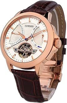 Men's Automatic Watch Navigator-Series Tourbillon-Style Dual Time Zone Leather Strap Business Calendar Mechanical Watch Rose Gold