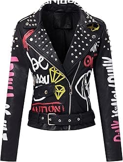 RISISSIDA Women Faux Leather Jacket Studded Rivet Spring Fall Fashion, Hip-Length Moto Biker Trendy Clothes Streetwear Belted