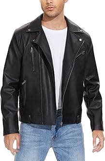 Fahsyee Leather Jackets for Men, Faux Bomber Jacket Mens Motorcycle Lapel Asymmetric Zip-Up Belt Slim Fit Biker Coat