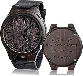 Custom Engraved Mens Vintage Analog Quartz Wooden Wrist Watches Handmade Casual Men Watch with Cowhide Leather Strap Personalized Gifts for Husband Dad to Son