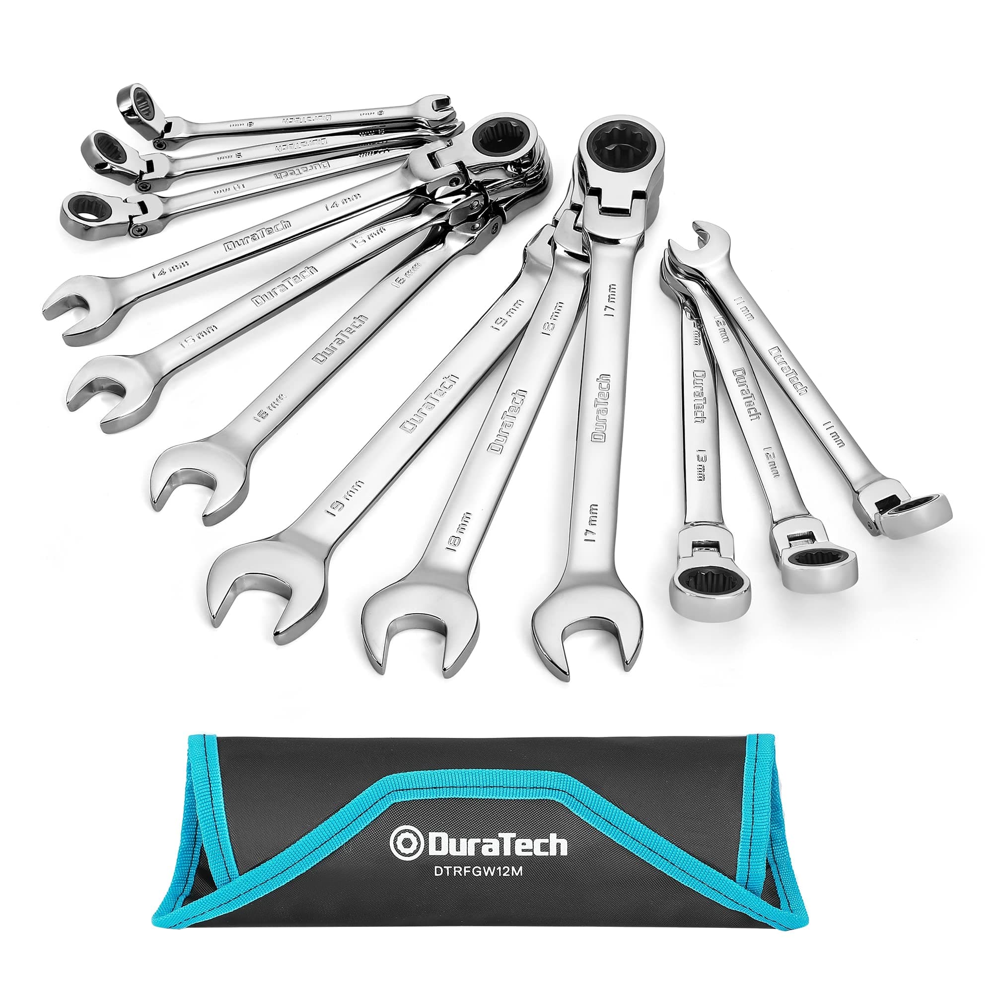 DURATECH 12-Piece Flex-Head Ratchet Spanner Set 8-19mm, Combination Wrench Set with 72 Tooth Ratchet Gear, Chrome Vanadium Steel, Metric, with Poll-up Pouch