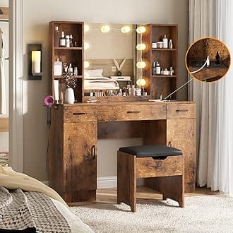 Makeup Vanity Desk with Lighted Mirror & Power Strip, Large Brown Vanity Table Set Rustic Farmhouse Style with Storage Stool, 3 Lighting Modes, Brightness Adjustable, 45.2in (W)
