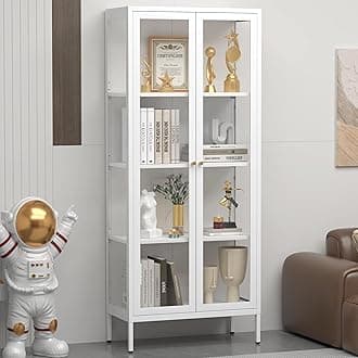 UNICOLY Display Cabinet with Glass Doors, Glass Display Cabinet 4-Tier, Metal Curio Display Cabinet with Tempered Glass Doors for Living Room, Plant, Display Shelf, Assembly Required, White