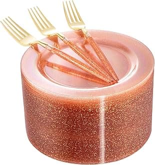 LIYH 96pcs Gold Glitter Plastic Dessert Plates 7.5Inch, Plastic Fancy Cake Plates and Forks, Disposable Salad Plates, Dessert Forks 7.5Inch for Birthday Bridal Shower 48 Guests