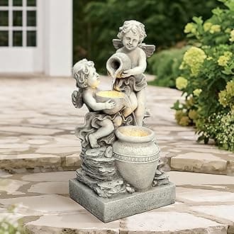 LuxenHome 30 Inch Outdoor Water Fountain, Resin Angels Water Fountains Indoor and Outdoor with LED Light, 3 Layers Angels and Urn Garden Water Fountain, Decorative Waterfall for Backyard