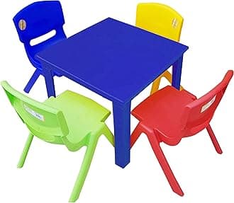 A406 Strong Kids Children Table and Chairs Set for Study, Activity Garden Indoor (Blue Table + 4 Chairs Mix)