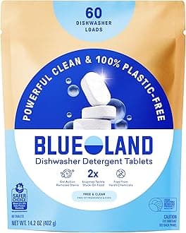 BLUELAND 100% Plastic-Free Dishwasher Detergent Tablets, 60 Count, Free & Clear, Eco-Friendly Dishwashing Pods, Natural, USDA Certified biobased