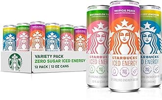 Starbucks Iced Energy Drink, 3 Flavor Variety Pack (Tropical Peach, Watermelon Splash, Blueberry Lemonade), Zero Sugar Energy Drink, Plant Based Caffeine, Hydration, Mental Clarity, 12x12 Fl Oz Cans