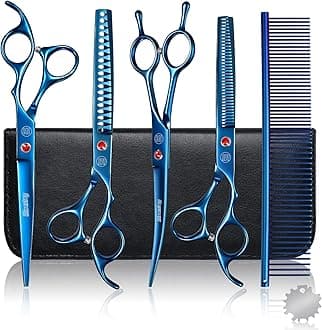 Moontay Professional Dog Grooming Scissors Set, 7/8 Inch Curved & Thinning Shears with Grooming Comb