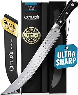 Cutluxe Butcher Knife – 10″ Cimeter Breaking Knife, Razor Sharp Forged High Carbon German Steel, Full Tang Meat Carving Knife, Ergonomic Handle Design, Grilling Gifts for Men – Artisan Series