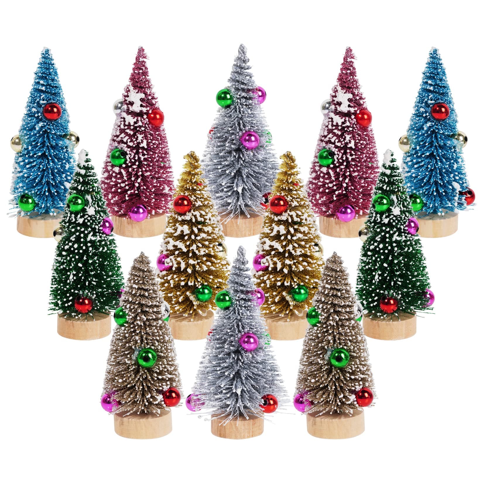 12Pcs Mini Christmas Trees Small Sisal Trees Mini Pine Trees with Wood Base Mini Bottle Brush Trees Artificial Mini Christmas Trees Assorted Color for Christmas Winter Decoration (Multicolor)