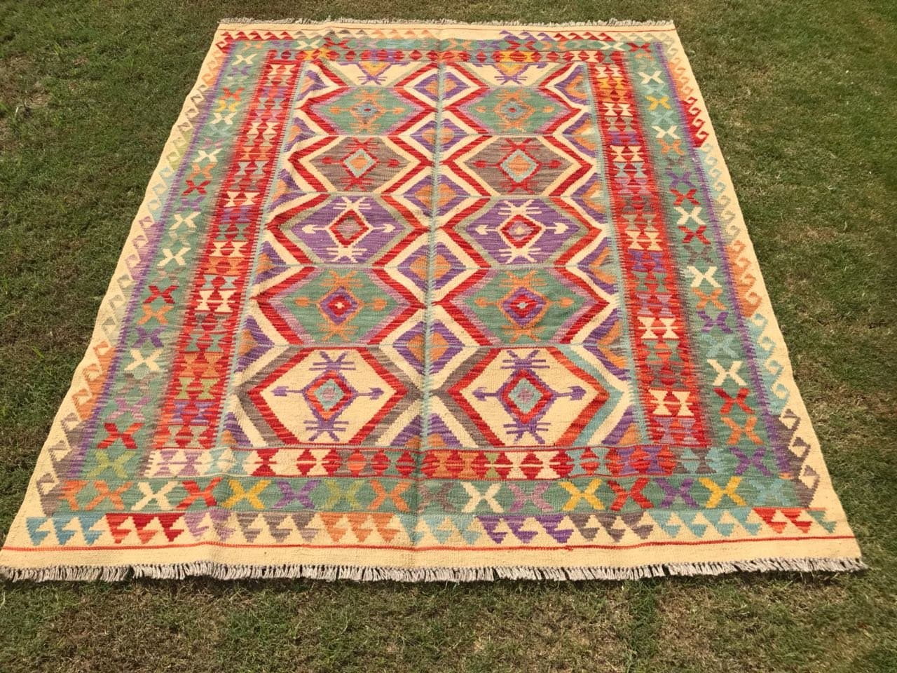 ARTICLE # 6105 FINEST Quality Vegetable Dyed Hand Made Lamb Wool Kilim Rug Afghani Chobi Double Face Design 190 x 157 CM - (6.2 x 5.2 Feet)