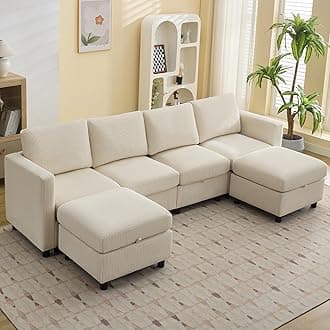 107”Modular Sectional Sofa Convertible U Shaped Sofa Couch Set with Storage for Living Room, Modern 6 Seater Modular Sectional Couch with Movable Ottoman, Corduroy(Beige)