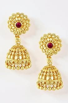 Traditional Temple Jewellery 18k One Gram Gold Ethnic Brass Stylish South Indian Screw Back Studs Round Ruby Jhumkas Set Jhumka Earrings For Women girls Ladies Latest -GOLD JHUMKI-M150