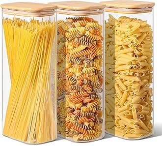 – 2.1L Rectangle Glass Storage Containers with Lids, Glass Jars with Bamboo Lids, Clear Food Storage Jar, Tall Spaghetti Container, Pantry Storage Container for Pasta Flour Oats Nuts Rice