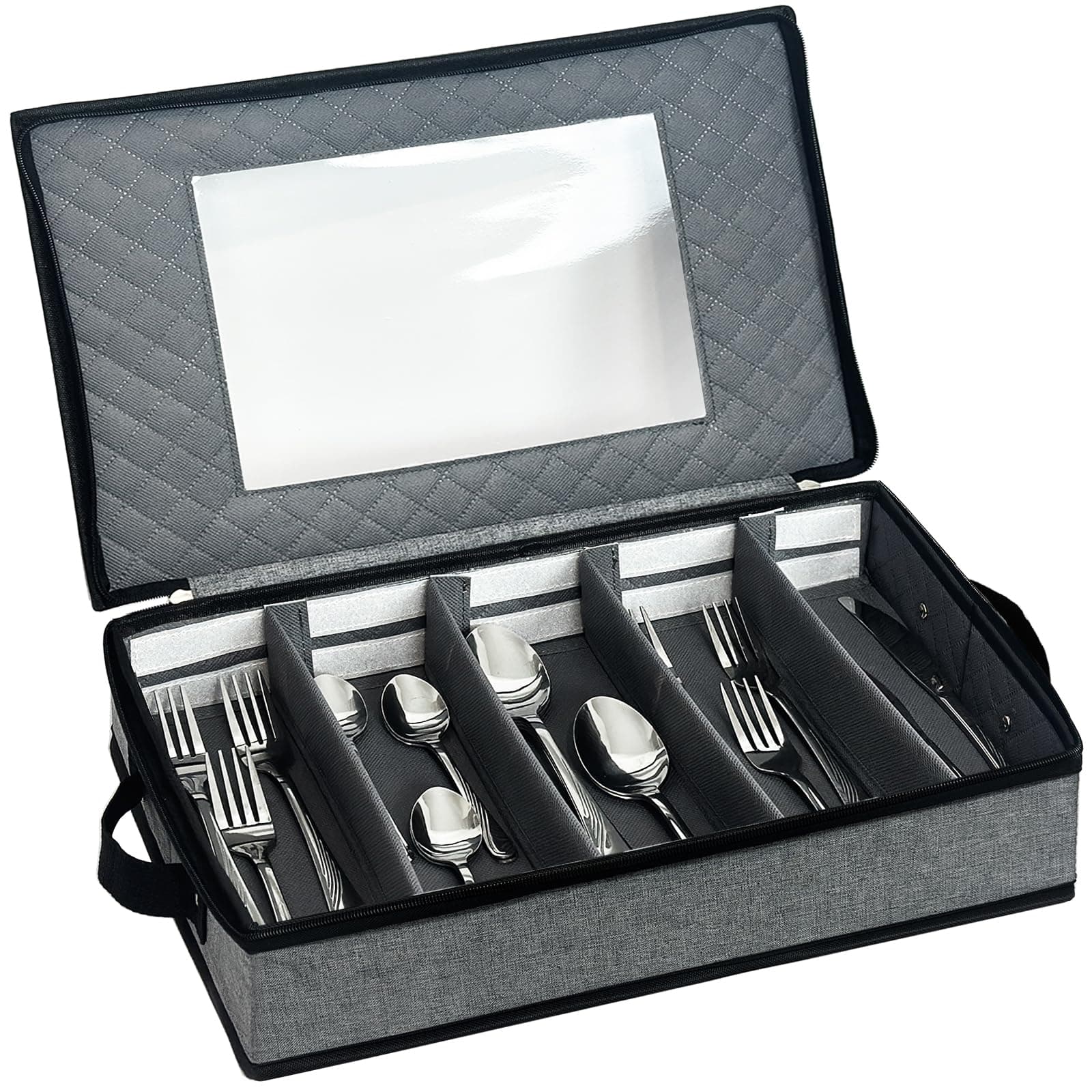 VERONLY Flatware Storage Case, Silverware Storage Box Chest with Dividers, 5 Compartment Cutlery Holder, Light Gray